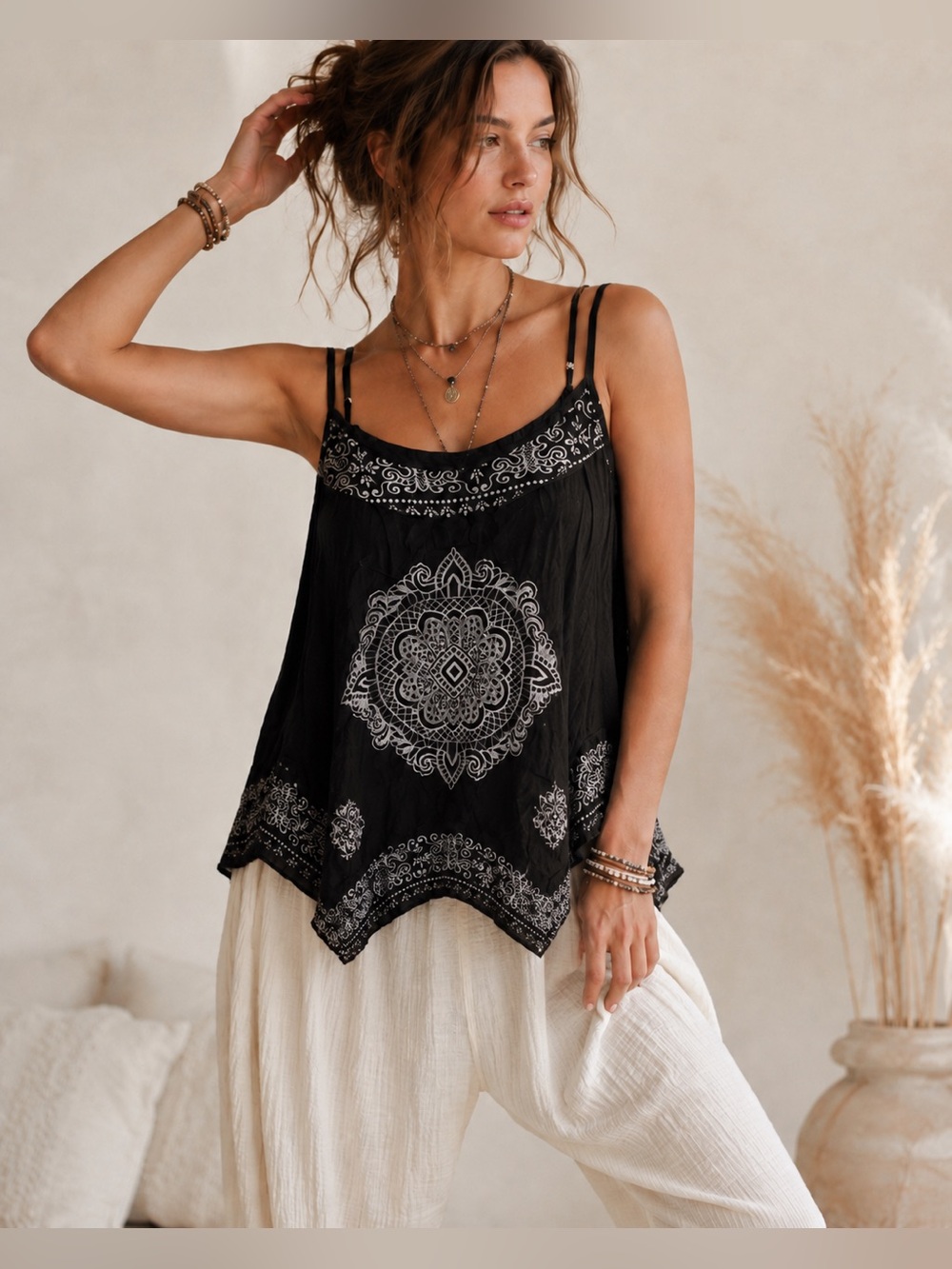 Feathers By Tolani Black Bandana Flowy Tank Handkerchief Hem Boho Festival Artsy
